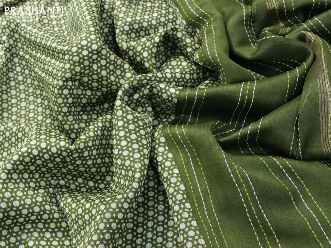 Chanderi silk cotton saree beige and mehendi green with allover geometric prints and kantha stitch work border - {{ collection.title }} by Prashanti Sarees