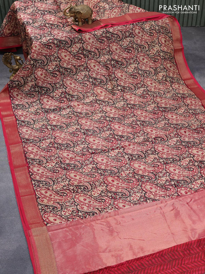 Chanderi silk cotton saree black and maroon with allover kalamkari prints amd woven border - {{ collection.title }} by Prashanti Sarees