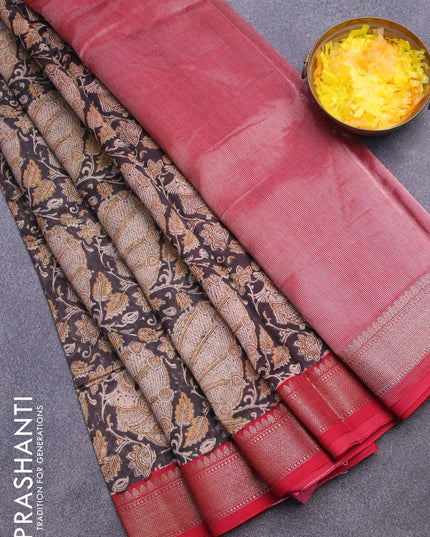 Chanderi silk cotton saree black and maroon with allover kalamkari prints and woven border - {{ collection.title }} by Prashanti Sarees