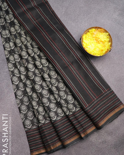 Chanderi silk cotton saree black with allover floral butta prints and kantha stitch work border - {{ collection.title }} by Prashanti Sarees