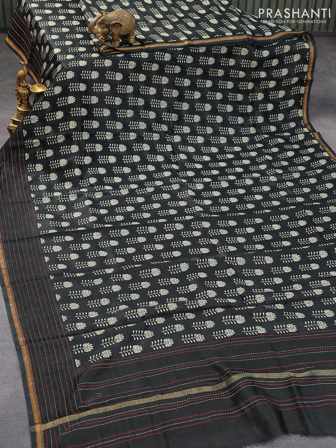 Chanderi silk cotton saree black with floral butta prints and kantha stitch work border - {{ collection.title }} by Prashanti Sarees