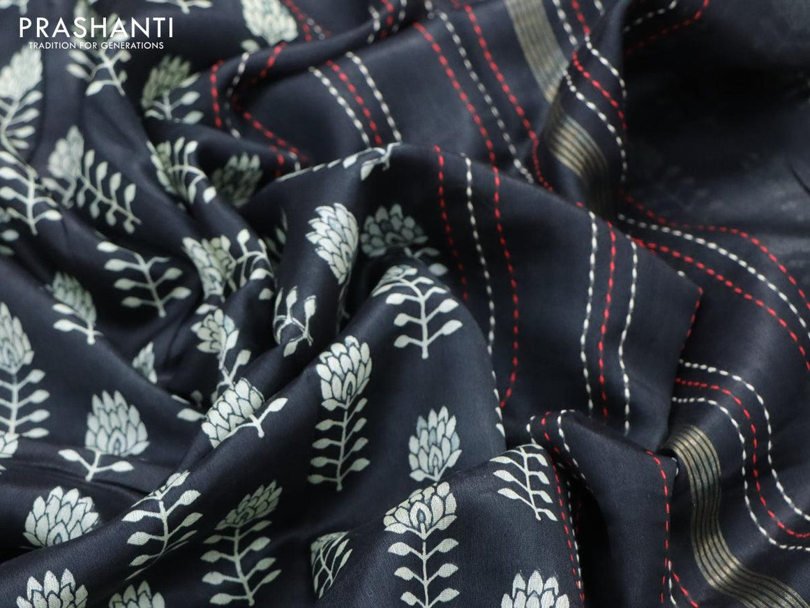 Chanderi silk cotton saree black with floral butta prints and kantha stitch work border - {{ collection.title }} by Prashanti Sarees