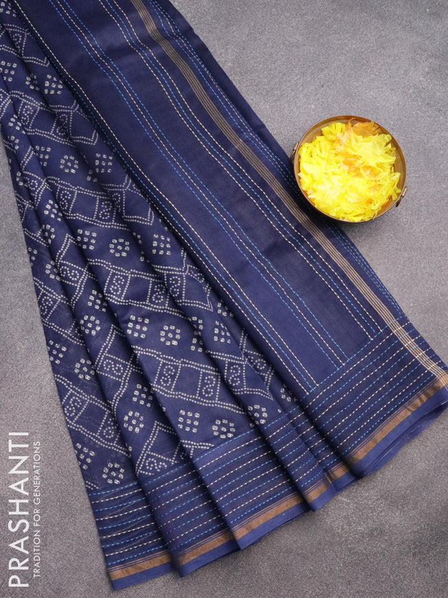 Chanderi silk cotton saree blue with allover bandhani prints and kantha stitch work border - {{ collection.title }} by Prashanti Sarees
