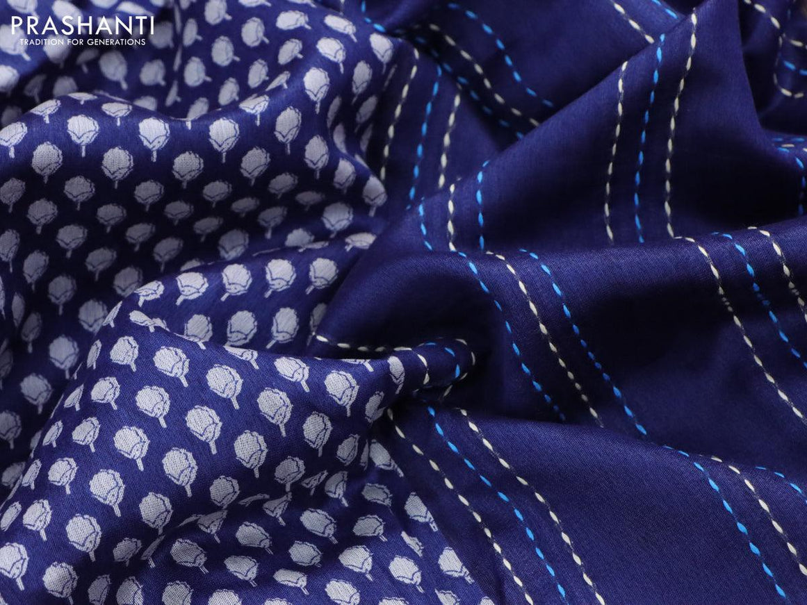 Chanderi silk cotton saree blue with allover butta prints and kantha stitch work border - {{ collection.title }} by Prashanti Sarees