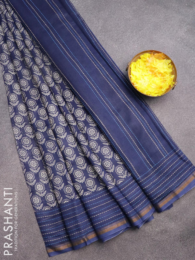 Chanderi silk cotton saree blue with allover floral butta prints and kantha stitch work border - {{ collection.title }} by Prashanti Sarees