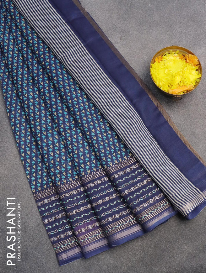Chanderi silk cotton saree blue with allover floral prints and embroidery work border - {{ collection.title }} by Prashanti Sarees