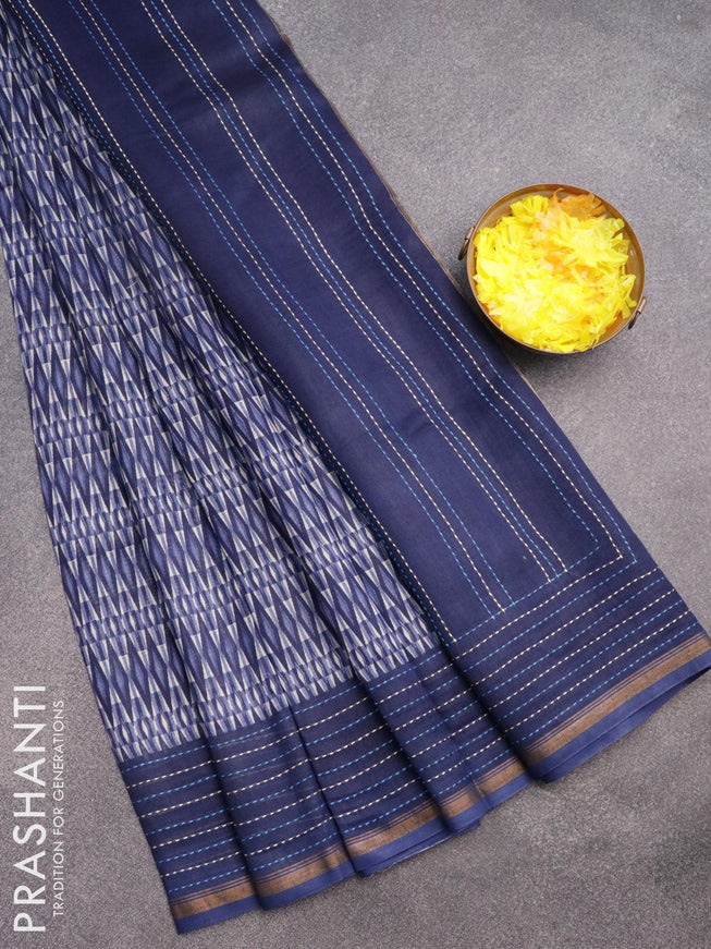 Chanderi silk cotton saree blue with allover geometric prints and kantha stitch work border - {{ collection.title }} by Prashanti Sarees