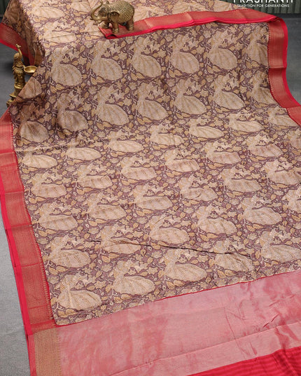 Chanderi silk cotton saree brown and maroon with allover kalamkari prints and woven border - {{ collection.title }} by Prashanti Sarees