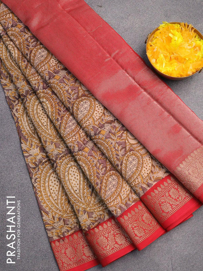 Chanderi silk cotton saree brown shade and maroon with allover kalamkari prints and woven border - {{ collection.title }} by Prashanti Sarees