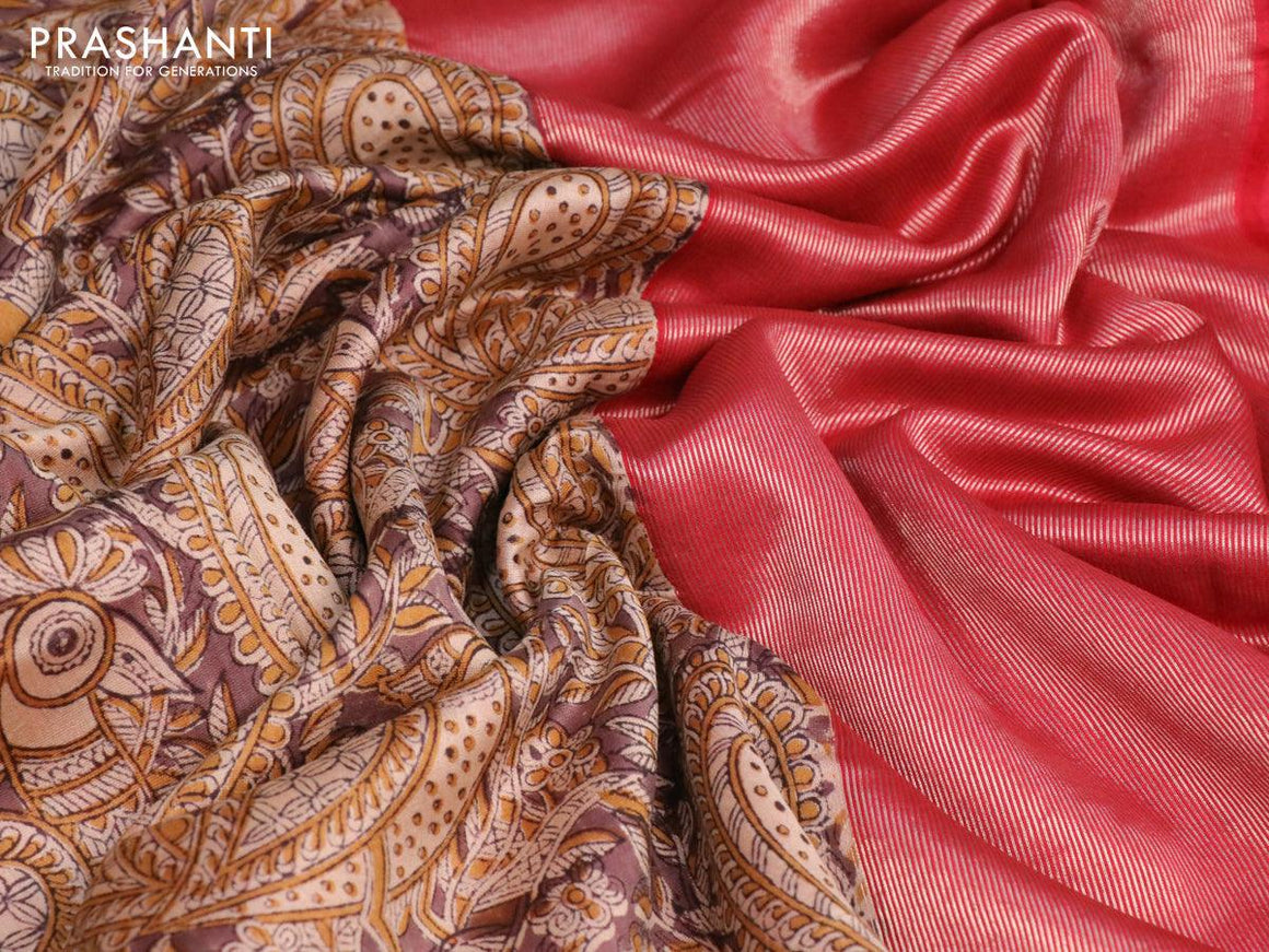 Chanderi silk cotton saree brown shade and maroon with allover kalamkari prints and woven border - {{ collection.title }} by Prashanti Sarees