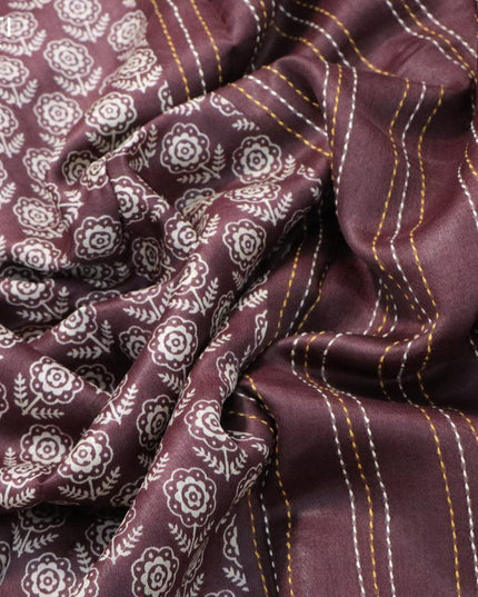 Chanderi silk cotton saree brown with allover floral butta prints and kantha stitch work border - {{ collection.title }} by Prashanti Sarees