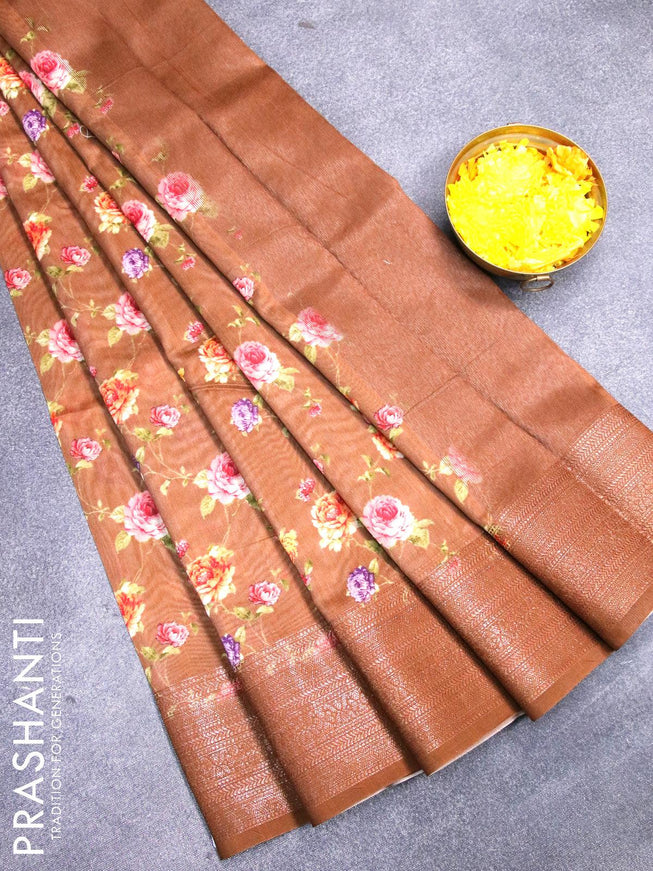 Chanderi silk cotton saree brown with allover floral digital prints and woven border - {{ collection.title }} by Prashanti Sarees