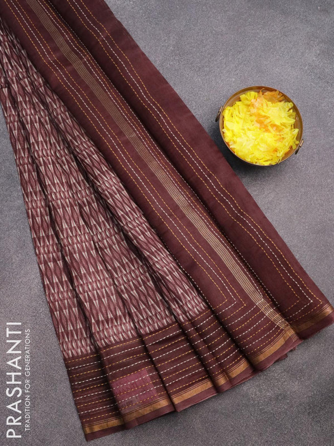 Chanderi silk cotton saree brown with allover geometric prints and kantha stitch work border - {{ collection.title }} by Prashanti Sarees