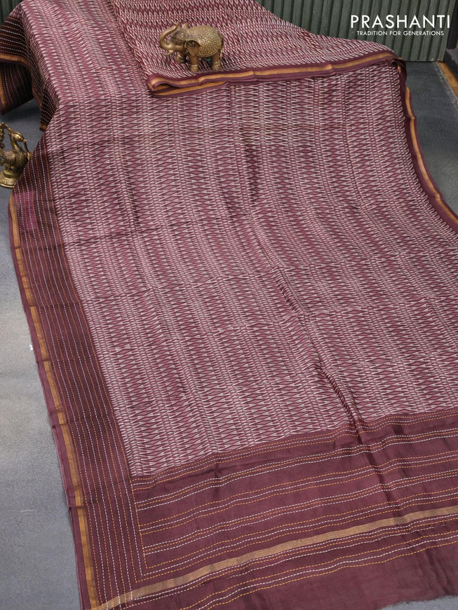 Chanderi silk cotton saree brown with allover geometric prints and kantha stitch work border - {{ collection.title }} by Prashanti Sarees
