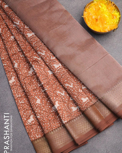 Chanderi silk cotton saree brown with allover kalamkari prints and woven border - {{ collection.title }} by Prashanti Sarees