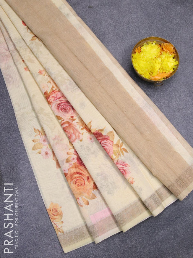 Chanderi silk cotton saree cream with allover digital prints and woven border - {{ collection.title }} by Prashanti Sarees