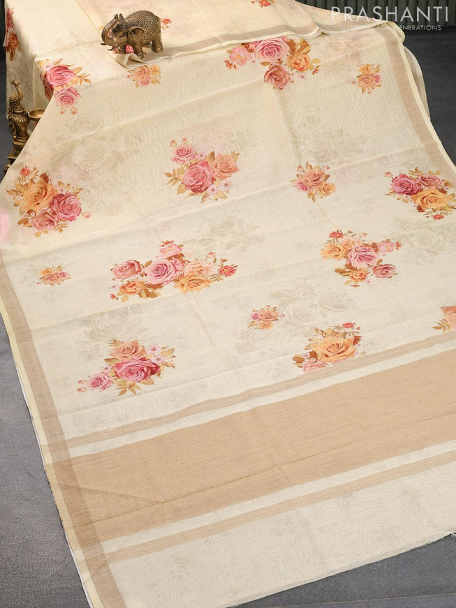 Chanderi silk cotton saree cream with allover digital prints and woven border - {{ collection.title }} by Prashanti Sarees