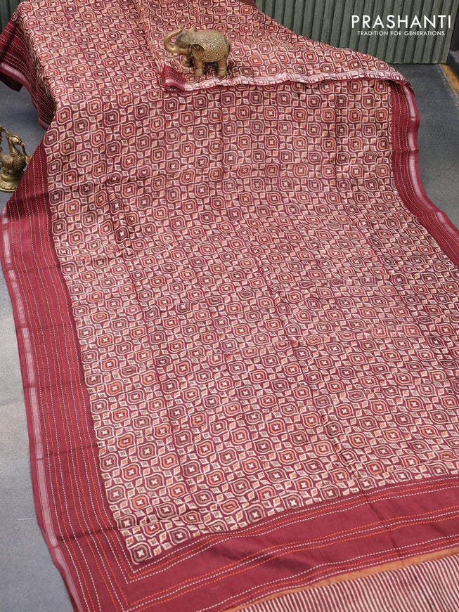 Chanderi silk cotton saree dark maroon with allover prints and kantha stitch work border - {{ collection.title }} by Prashanti Sarees
