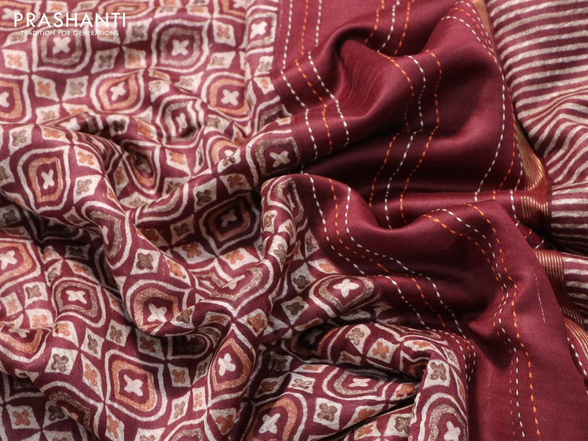 Chanderi silk cotton saree dark maroon with allover prints and kantha stitch work border - {{ collection.title }} by Prashanti Sarees