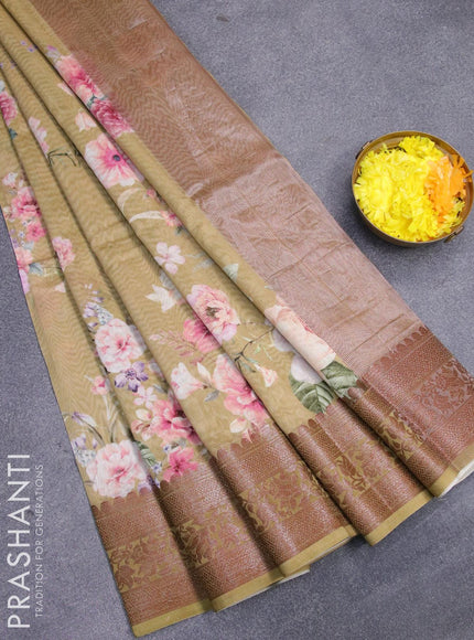 Chanderi silk cotton saree elaichi green with allover floral digital prints and woven border - {{ collection.title }} by Prashanti Sarees