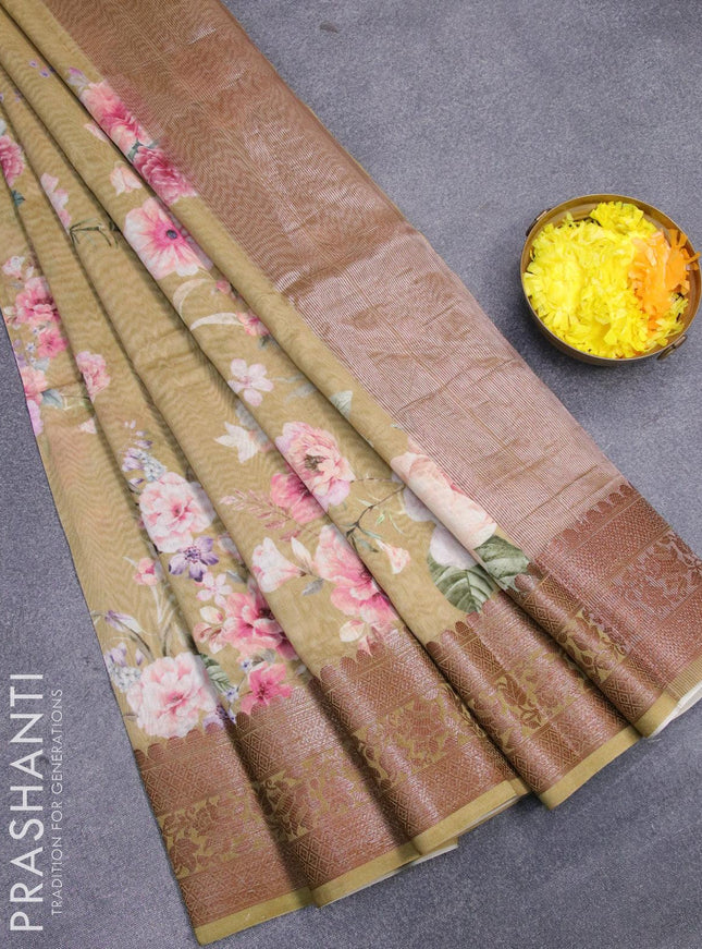 Chanderi silk cotton saree elaichi green with allover floral digital prints and woven border - {{ collection.title }} by Prashanti Sarees