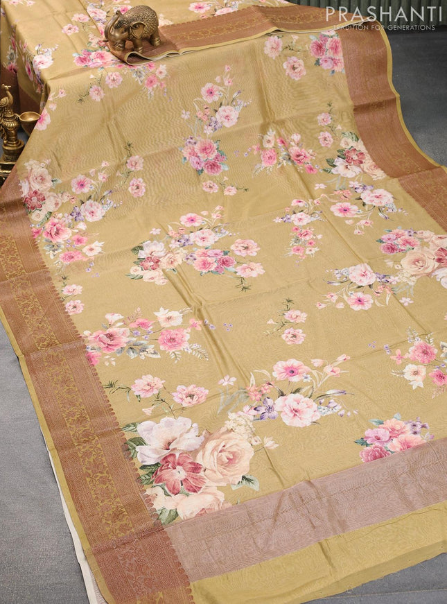 Chanderi silk cotton saree elaichi green with allover floral digital prints and woven border - {{ collection.title }} by Prashanti Sarees