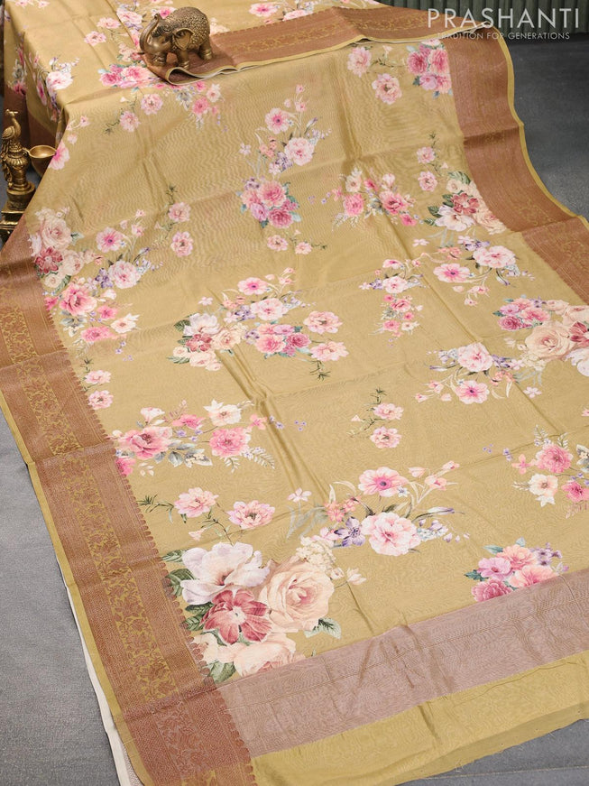 Chanderi silk cotton saree elaichi green with allover floral digital prints and woven border - {{ collection.title }} by Prashanti Sarees