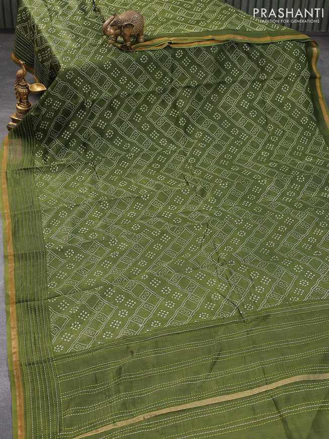 Chanderi silk cotton saree green shade with allover bandhani prints and kantha stitch work border - {{ collection.title }} by Prashanti Sarees