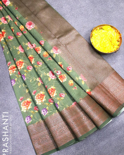 Chanderi silk cotton saree green shade with allover floral digital prints and woven border - {{ collection.title }} by Prashanti Sarees