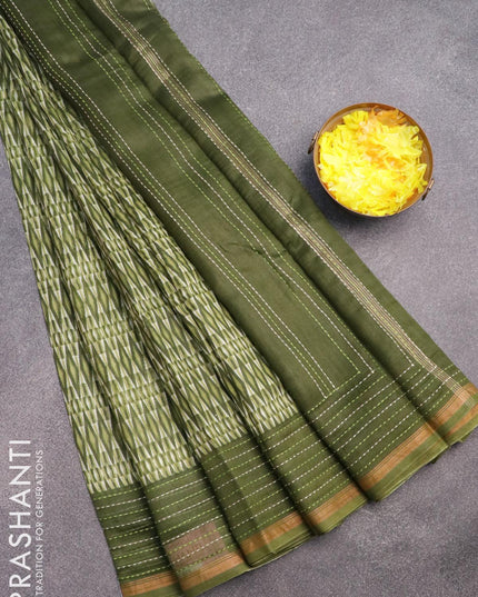 Chanderi silk cotton saree green shade with allover geometric prints and kantha stitch work border - {{ collection.title }} by Prashanti Sarees