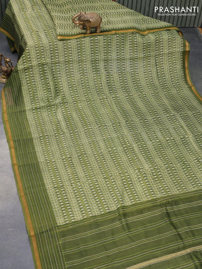 Chanderi silk cotton saree green shade with allover geometric prints and kantha stitch work border - {{ collection.title }} by Prashanti Sarees