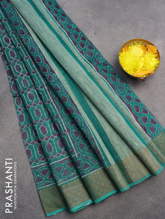 Chanderi silk cotton saree green with allover geometric prints and woven border - {{ collection.title }} by Prashanti Sarees