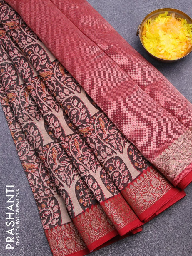 Chanderi silk cotton saree grey and red with allover kalamkari prints and woven border - {{ collection.title }} by Prashanti Sarees