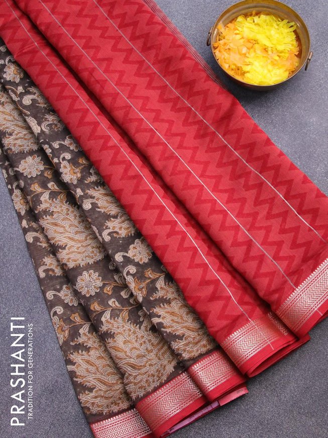 Chanderi silk cotton saree grey and red with allover kalamkari prints and zari woven border - {{ collection.title }} by Prashanti Sarees