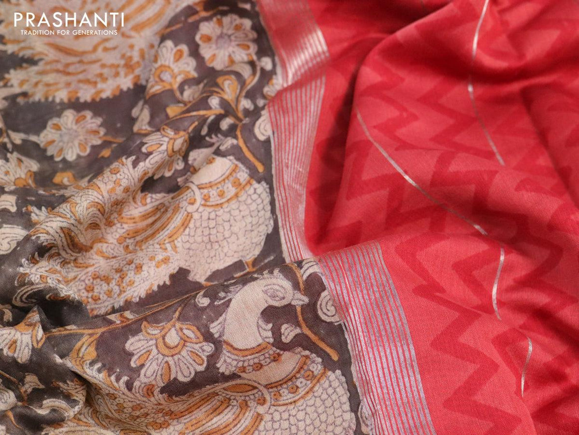 Chanderi silk cotton saree grey and red with allover kalamkari prints and zari woven border - {{ collection.title }} by Prashanti Sarees