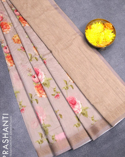 Chanderi silk cotton saree grey shade with allover digital prints and woven border - {{ collection.title }} by Prashanti Sarees