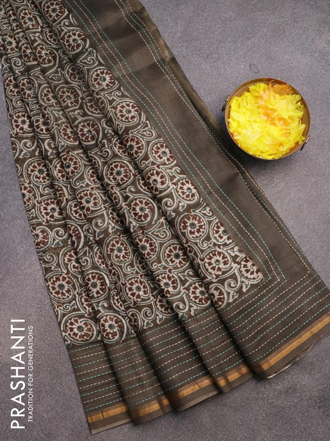 Chanderi silk cotton saree grey shade with allover floral prints and kantha stitch work border - {{ collection.title }} by Prashanti Sarees