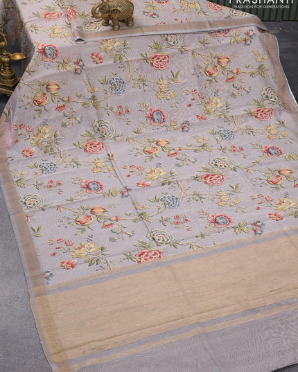 Chanderi silk cotton saree grey with allover floral digital prints and woven border - {{ collection.title }} by Prashanti Sarees