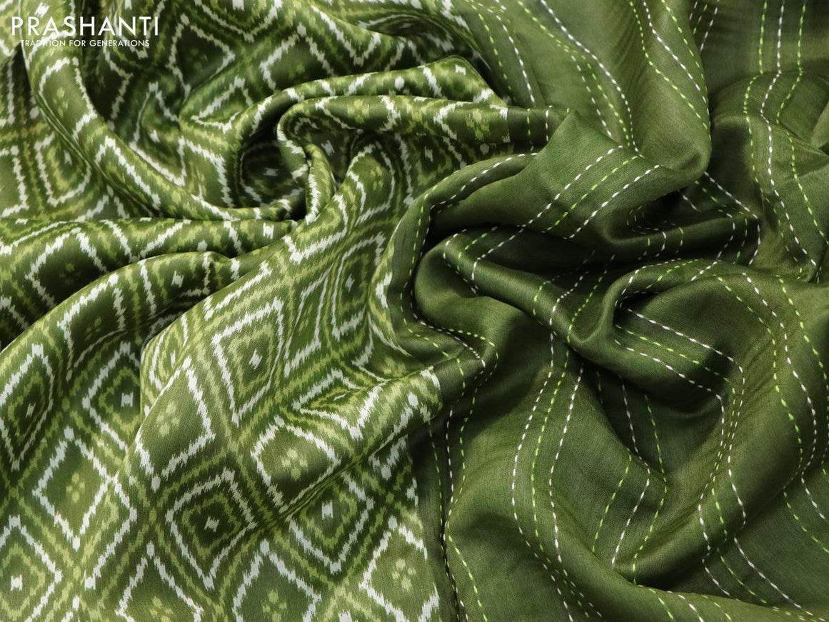 Chanderi silk cotton saree light green and sap green with allover ikat prints and kantha stitch work border - {{ collection.title }} by Prashanti Sarees