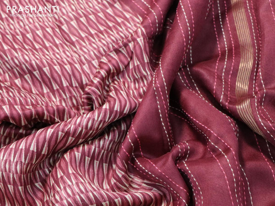 Chanderi silk cotton saree maroon with allover geometric prints and kantha stitch work border - {{ collection.title }} by Prashanti Sarees