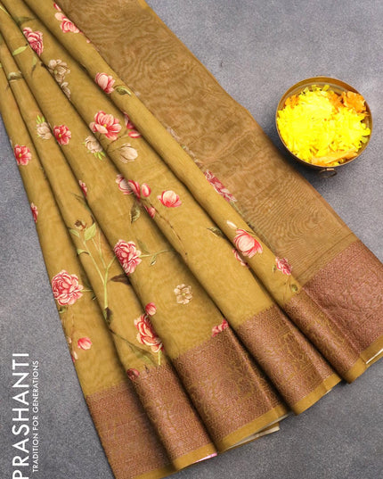 Chanderi silk cotton saree mehendi green with allover floral digital prints and woven border - {{ collection.title }} by Prashanti Sarees