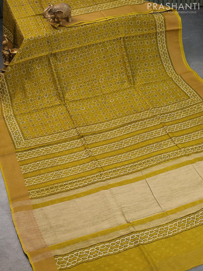 Chanderi silk cotton saree mehendi green with allover prints and woven border - {{ collection.title }} by Prashanti Sarees