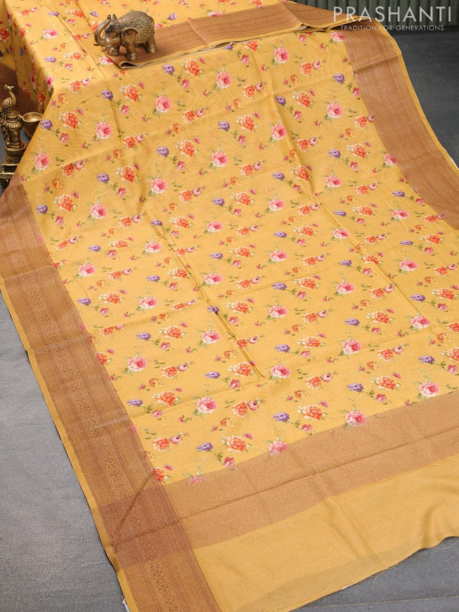 Chanderi silk cotton saree mustard yellow with allover floral digital prints and woven border - {{ collection.title }} by Prashanti Sarees