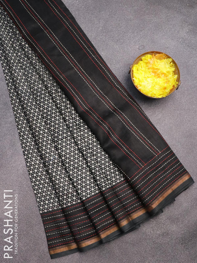 Chanderi silk cotton saree off white and black with allover geometric prints and kantha stitch work border - {{ collection.title }} by Prashanti Sarees