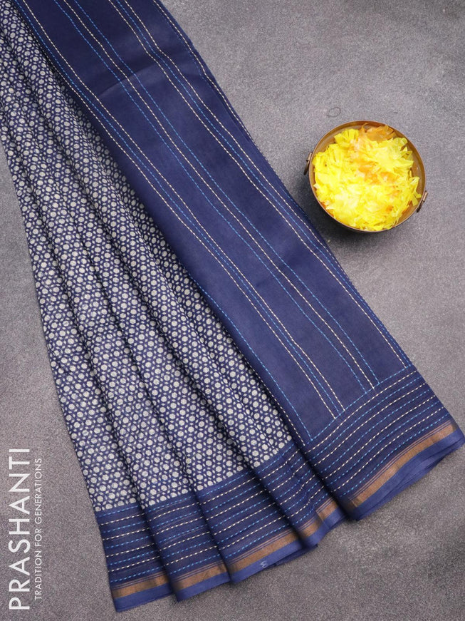 Chanderi silk cotton saree off white and blue with allover geometric prints and kantha stitch work border - {{ collection.title }} by Prashanti Sarees