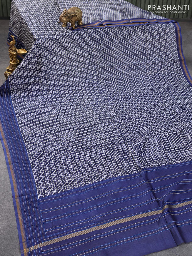 Chanderi silk cotton saree off white and blue with allover geometric prints and kantha stitch work border - {{ collection.title }} by Prashanti Sarees