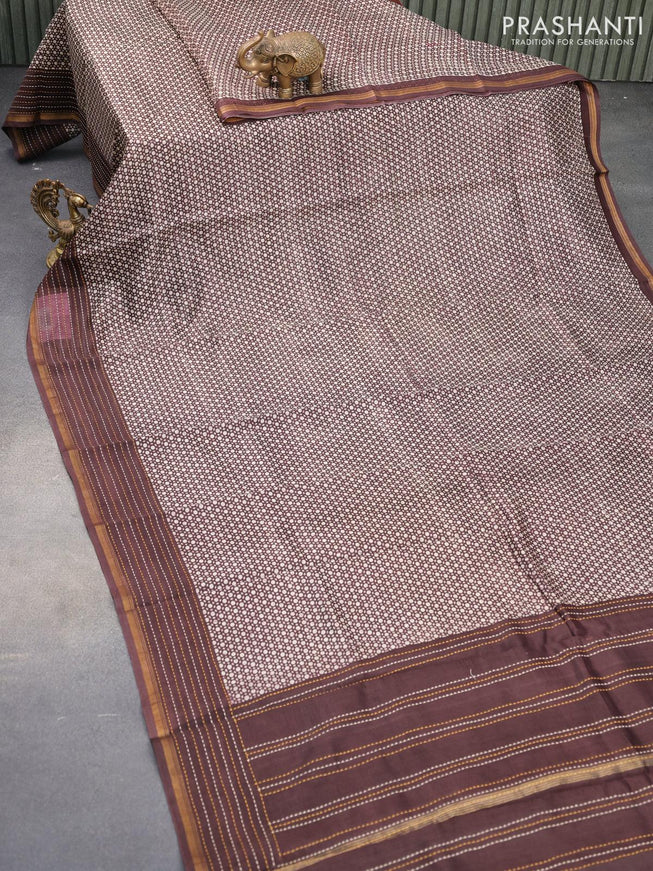 Chanderi silk cotton saree off white and brown with allover geometric prints and kantha stitch work border - {{ collection.title }} by Prashanti Sarees