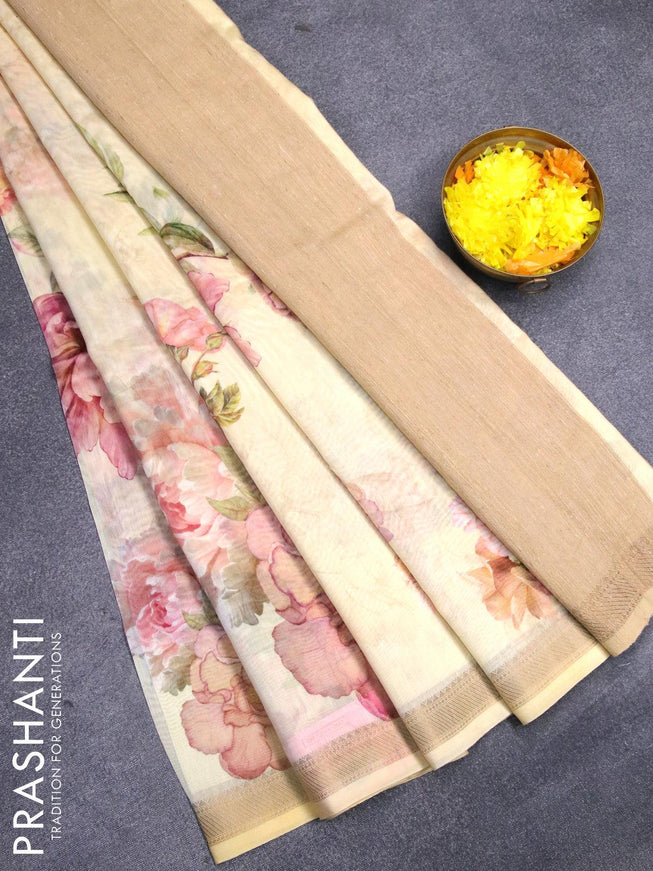 Chanderi silk cotton saree pale yellow with allover digital prints and woven border - {{ collection.title }} by Prashanti Sarees
