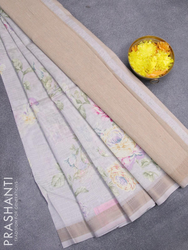 Chanderi silk cotton saree pastel grey shade with allover floral digital prints and woven border - {{ collection.title }} by Prashanti Sarees