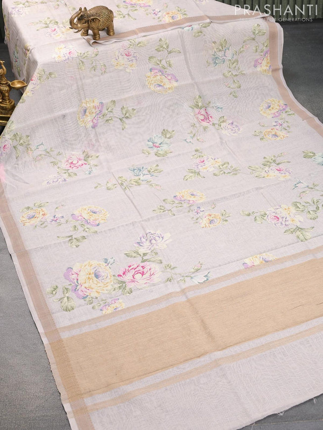Chanderi silk cotton saree pastel grey shade with allover floral digital prints and woven border - {{ collection.title }} by Prashanti Sarees